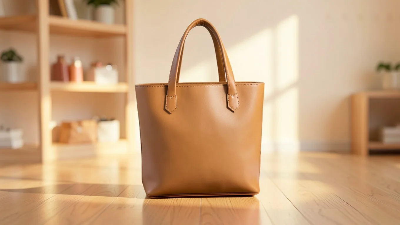 The same tote bag, unchanged, on a sunlit boutique shelf made by AI