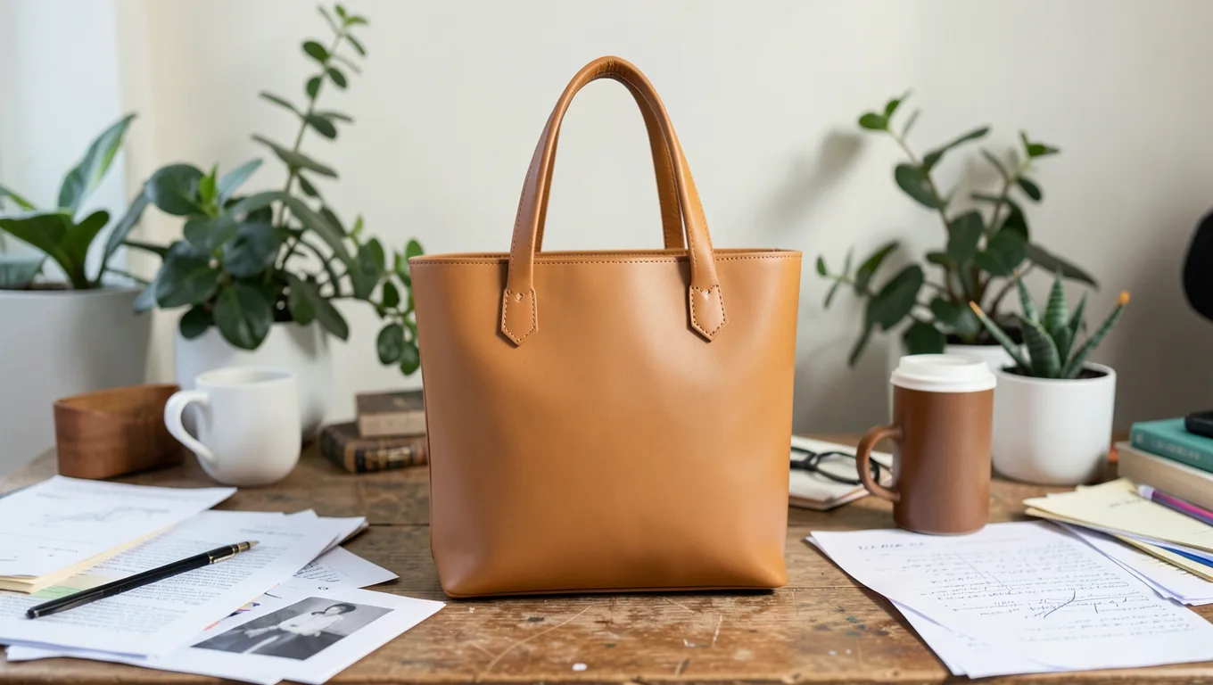 A tan leather tote bag on a cluttered desk with papers, mugs and plants